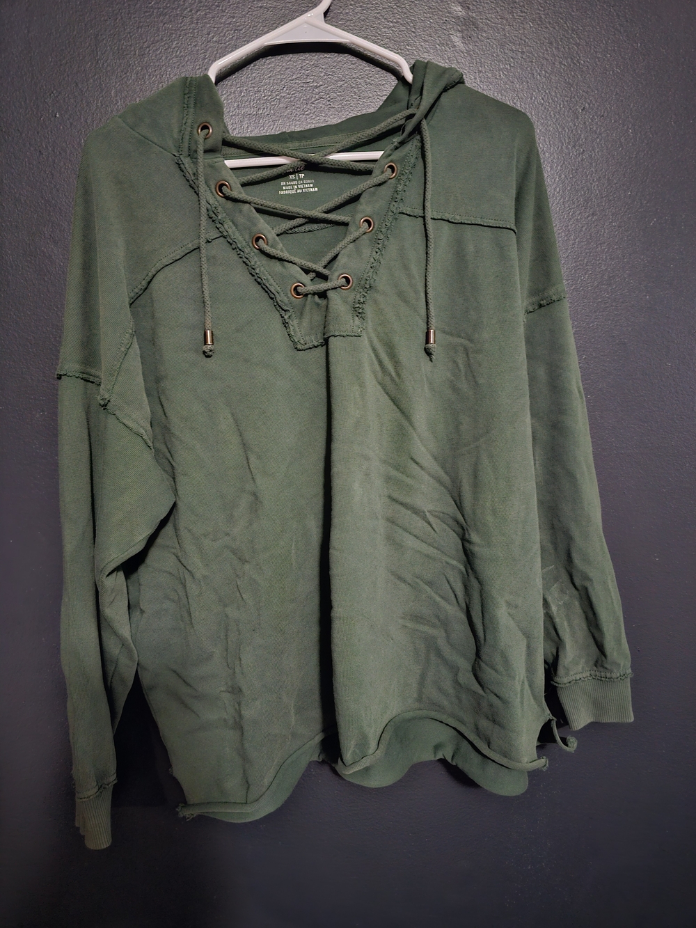 Lace-Up Hooded Pullover Sweatshirt - Olive Green
